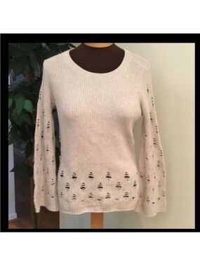 Lucky Brand Grayish Cream Eyelet Knit Bell Sleeve Sweater NWT Size XS